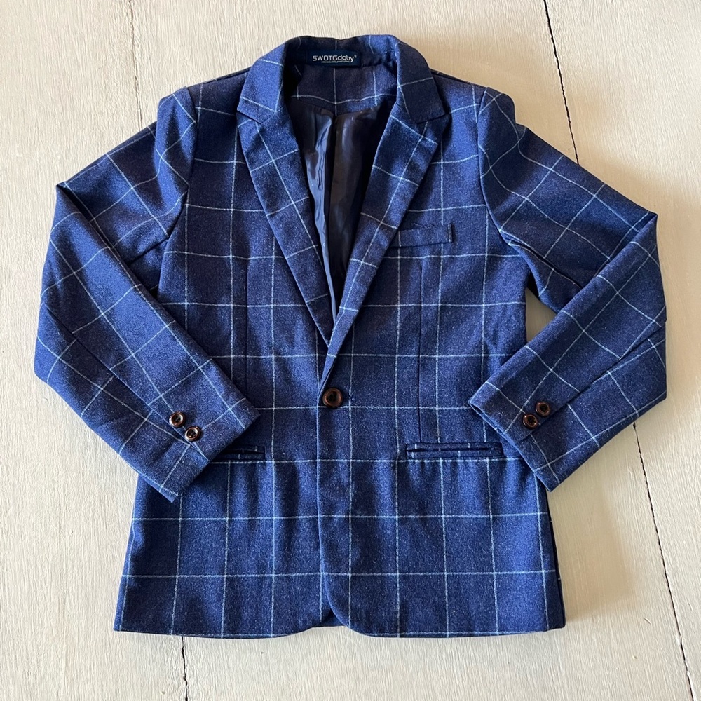 Boys Navy Plaid Blazer Size 8/10 Windowpane Sport Coat